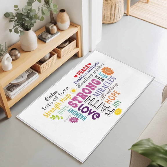 Colorful Inspirational Quotes with Love Heart Rectangle Area Rug 2x3ft,Living Room Rug Non-Slip Washable Circle Rugs Pad,White Soft Floor Carpet for Bedroom Dining Room