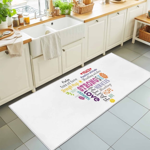 Colorful Inspirational Quotes with Love Heart Rectangle Area Rug 2x6ft,Living Room Rug Non-Slip Washable Circle Rugs Pad,White Soft Floor Carpet for Bedroom Dining Room