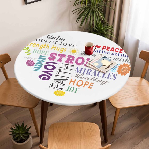 Colorful Inspirational Quotes with Love Heart Round Fitted Tablecloth with Elastic Edge,Waterproof Table Cloth Fits Tables Up to 45"-54",Wipeable Washable Table Cover for Indoor Outdoor Dinning,White