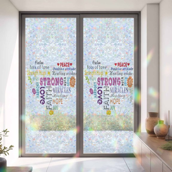 Colorful Inspirational Quotes with Love Heart Window Privacy Film, Rainbow Film Decorative Window Sticker 35.4x78.7in, White Sun Blocking Static Stained Glass Cling Tint Non-Adhesive