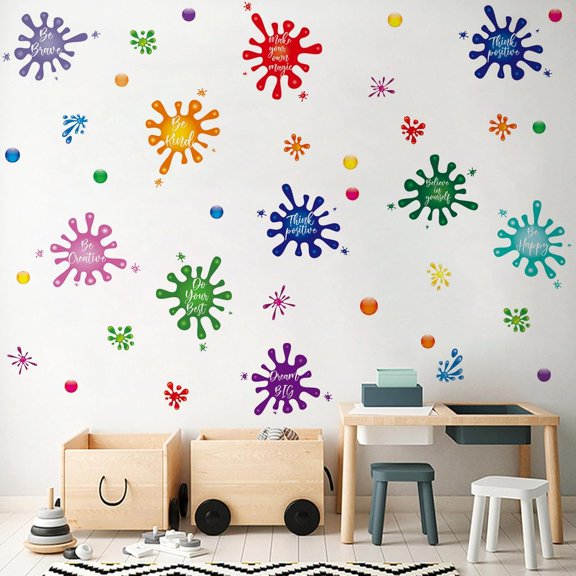 Colorful Inspirational Quotes Wall Decals, Ink Splatter Splotches Wall Decor, Watercolor Paint Wall Stickers, Positive Affirmations Wallpaper for Kids Classroom Playroom School Nursery Bedroom