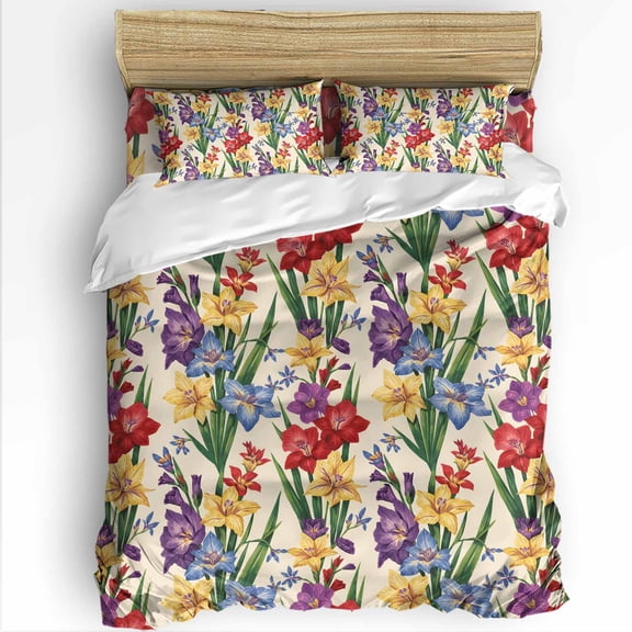 Colorful Irises Flowers Twin Size Comforter Set, Watercolor Plant Country Floral Soft Bedding for All Seasons, 4 Pcs Bed Set with 1 Comforter (68"x86") ,1Sheet(66"x116"), 2 Pillowcases (19"x29")