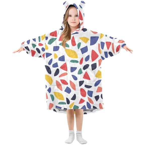 Colorful Irregular Patterns Flannel Wearable Blankets Hooded Design Long Sleeves Wrap Unisex for 3T-14Y S