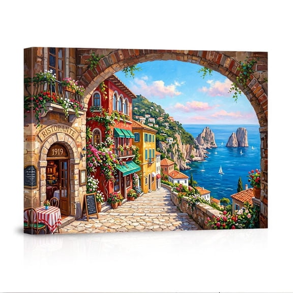 Colorful Italian Riviera Mediterranean Seaside Street With Ristorante Arch Sea View Travel Inspired Home Canvas