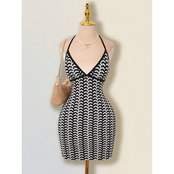 Colorful Jacquard Knitted Contrast Ribbed Edge Halter Backless Deep V-Neck Mini Beach Dress