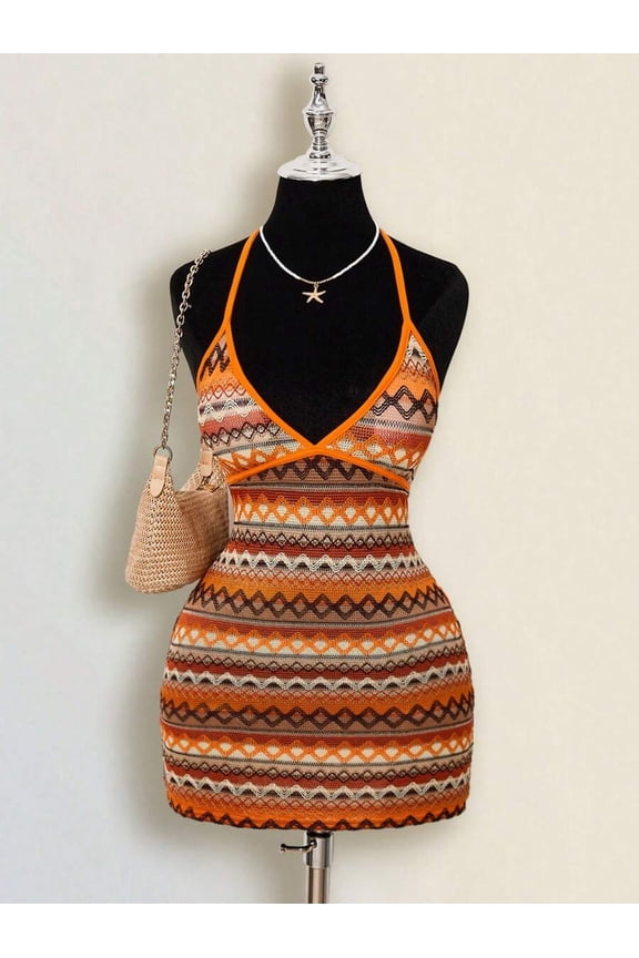 Colorful Jacquard Knitted Contrast Ribbed Edge Halter Backless Deep V-Neck Mini Beach Dress