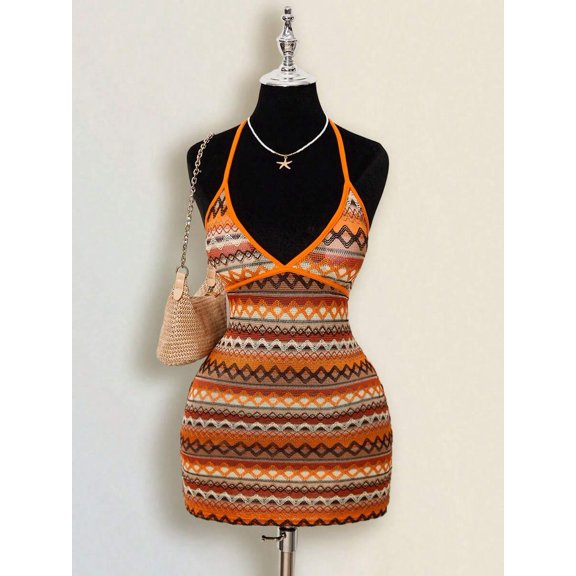 Colorful Jacquard Knitted Contrast Ribbed Edge Halter Backless Deep V-Neck Mini Beach Dress