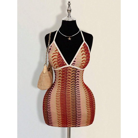 Colorful Jacquard Knitted Contrast Ribbed Edge Halter Backless Deep V-Neck Mini Beach Dress