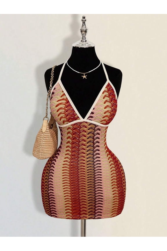 Colorful Jacquard Knitted Contrast Ribbed Edge Halter Backless Deep V-Neck Mini Beach Dress