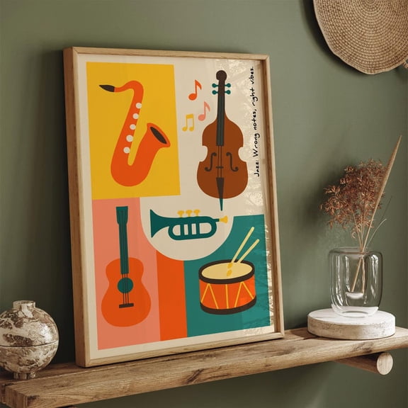 Colorful Jazz Music Poster Retro Musical Instrument Art, Unframed Paper Poster 8x10in