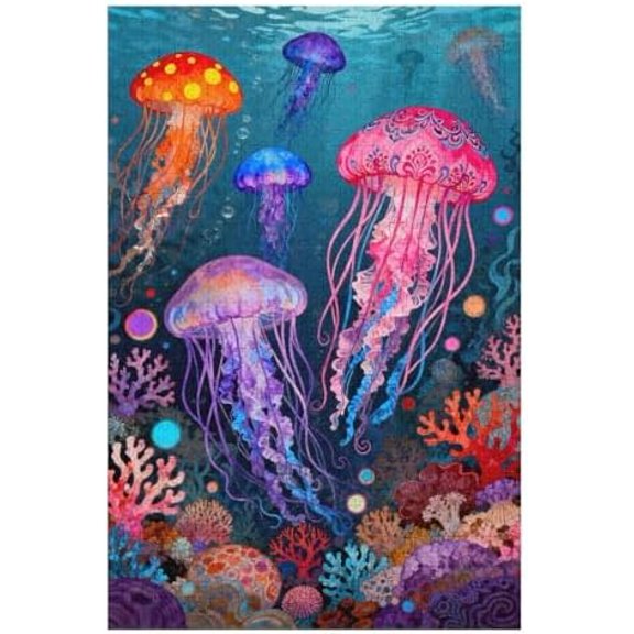 Colorful Jellyfish 1000 Piece Jigsaw Puzzle for Adults, Underwater Sea Life Artwork, Women Family Fun DIY Puzzle, Challenging Home Decor and Game Night Activity