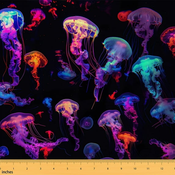 Colorful Jellyfish Fabric By The Yard,Cute Neon Jellyfish Upholstery Fabric,Animal Sealife Decorative Fabric,Marine Themed Indoor Outdoor Fabric,Psychedelic Aesthetic Material By The Yard,1 Yard