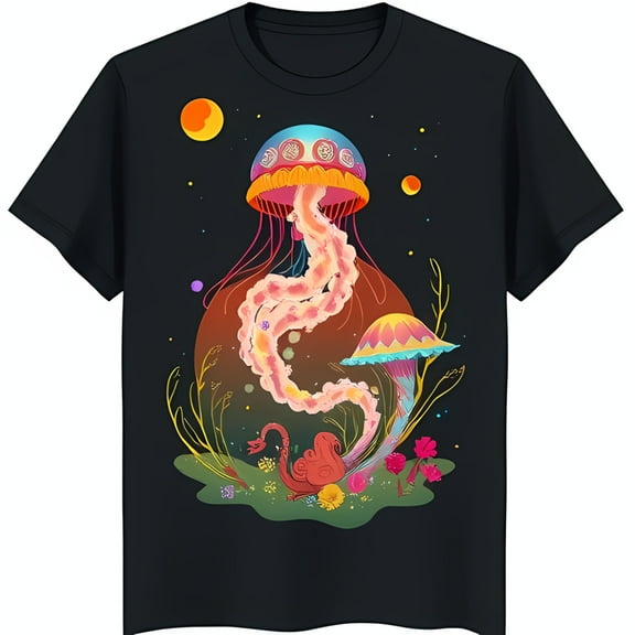 Colorful Jellyfish and Mushroom Design Black T-Shirt for Unique Style