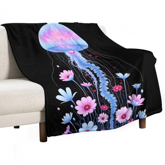 Colorful Jellyfish with Flowers Blanket Soft Cozy Flannel Blanket for man women