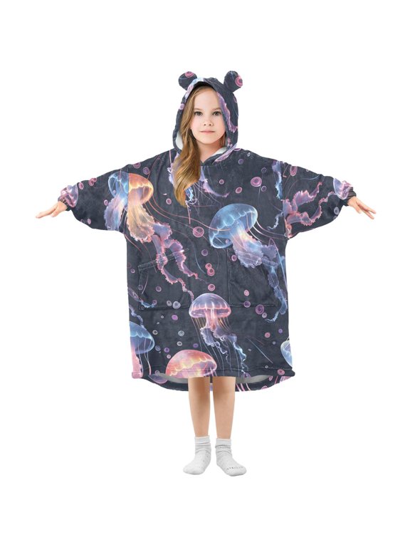 Colorful Jellyfishes Flannel Wearable Blankets Hooded Design Long Sleeves Wrap Unisex for 3T-14Y S