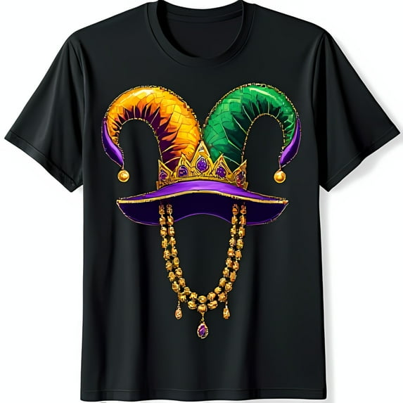 Colorful Jester Hat & Gold Black T-Shirt for Mardi Gras
