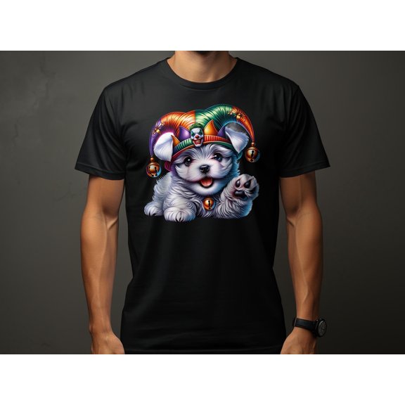 Colorful Jester Hat Maltese Dog Pup T-Shirt, Cute Carnival Dog Tee, Fun Animal Print Shirt, Pet Lover Gift Idea