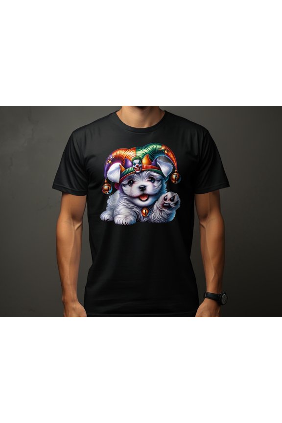 Colorful Jester Hat Maltese Dog Pup T-Shirt, Cute Carnival Dog Tee, Fun Animal Print Shirt, Pet Lover Gift Idea