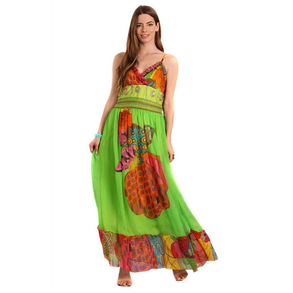 Colorful Jeweled Embellished Mixed Print Maxi Dress - Large