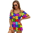 Colorful Jigsaw Puzzle Pattern Slit Sleeve Cold Shoulder Print Women T