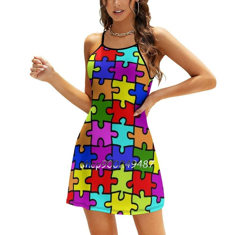 Colorful Jigsaw Puzzle Pattern Sweet Elegant Dress Women Korean