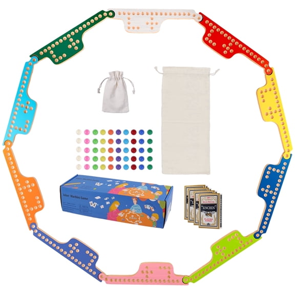 Jokers and Marbles Pegs and Jokers Card Game, Wood, Multicolor, 2-10 Players, 10 Boards, 50 Marbles, 4 Decks of Cards, Family Party Game