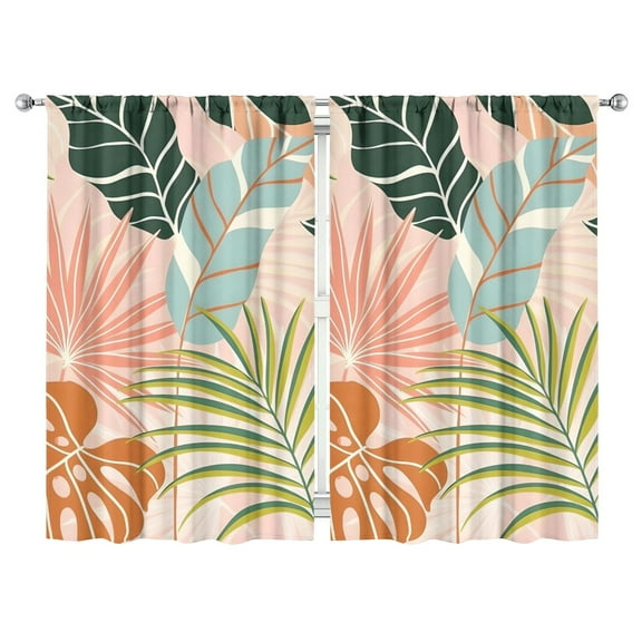 Colorful Jungle Leaves Kitchen Curtains - Set of 2 52x84 Inch Hawaiian Hibiscus Design, Boho Farmhouse Tier Curtains