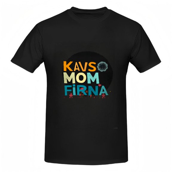 Colorful ' KAVS MOM FI RNA ' Graphic Cotton Short Sleeve T-Shirt for Women with Red Flower Accents on Black Background