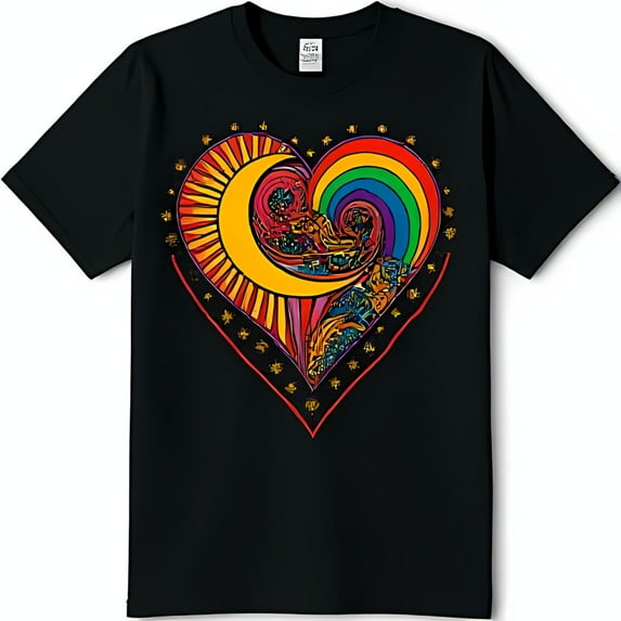 Colorful Kaleidoscope Heart Graphic Black T-Shirt with Golden Star Border