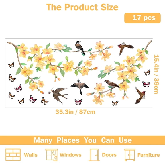 Colorful Kapok Wall Decals Birds on Trees Vinyl Wall Stickers Butterfly Mural Art Decor Window Cling Decals