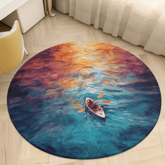 Colorful Kayaks Glide Across The Lake Floral Medallion Round Rug - Small Round Area Rug, Soft Non-Slip Machine Washable Bedroom Mat Indoor Accent Entry Carpet for Office Desk Dorm Hallway