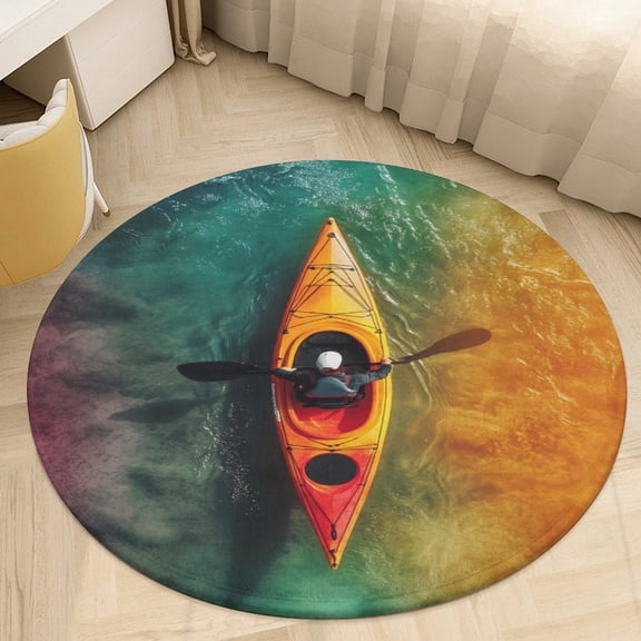 Colorful Kayaks Glide Across The Lake Round Rugs -Washable Non-Slip Small Round Area Rug Throw Soft Circle Rugs for Bedroom, Modern Print Indoor Carpet for Entryway Sofa Living Room