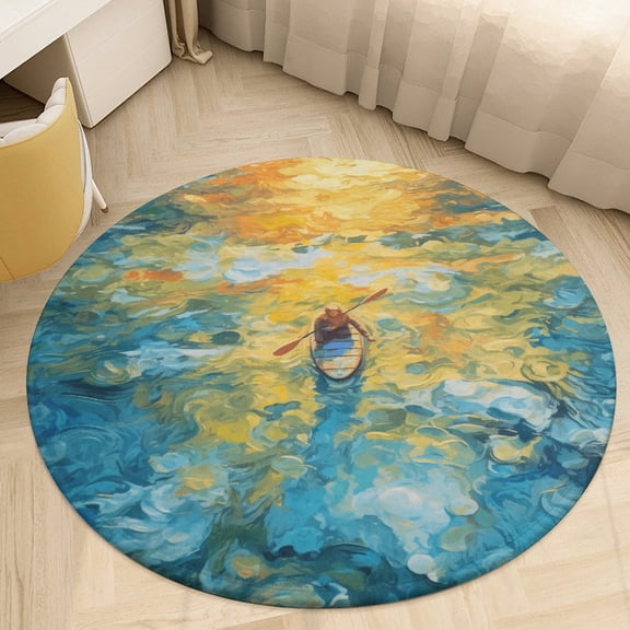 Colorful Kayaks Glide Across The Lake Round Rugs -Washable Non-Slip Small Round Area Rug Throw Soft Circle Rugs for Bedroom, Modern Print Indoor Carpet for Entryway Sofa Living Room