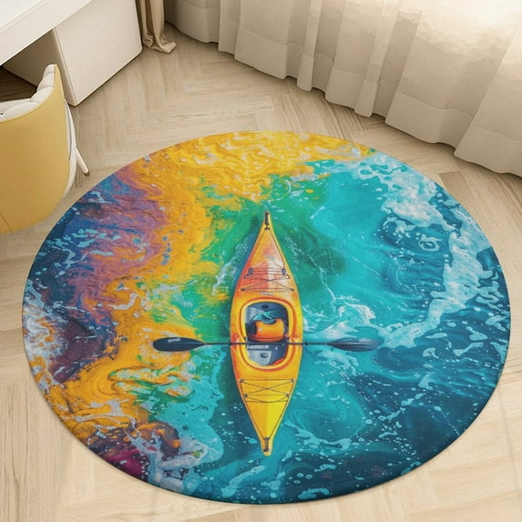 Colorful Kayaks Glide Across The Lake Round Small Area Rug, Print Non Slip Washable Floor Mat, Soft Throw Rug for Living Room, Powder Room Entryway, Bathroom, Bedside