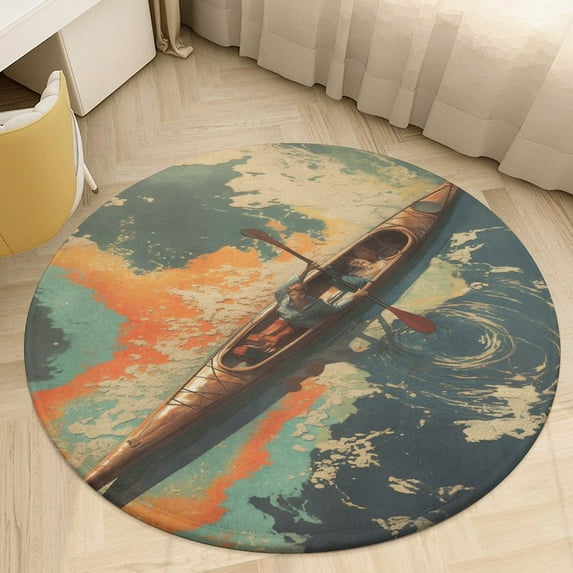 Colorful Kayaks Glide Across The Lake Soft Bedroom Round Area Rug, Washable Cute Nursery Circle Throw Mat, Non-Slip Contemporary Small Low Pile Floor Carpet for Dorm Bedside
