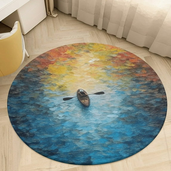 Colorful Kayaks Glide Across The Lake Soft Bedroom Round Area Rug, Washable Cute Nursery Circle Throw Mat, Non-Slip Contemporary Small Low Pile Floor Carpet for Dorm Bedside