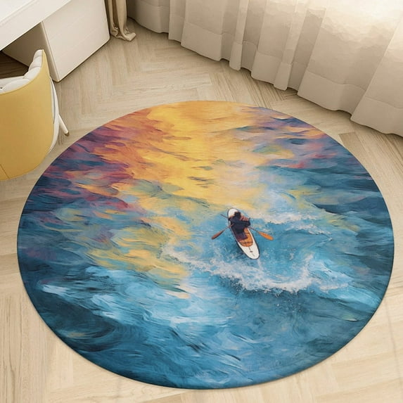 Colorful Kayaks Glide Across The Lake Washable Round Rug -Circle Area Rugs for Nursery Bedroom, Vintage Non Slip Non Shedding Low Pile Carpet for Living Room Coffee Table Entryway