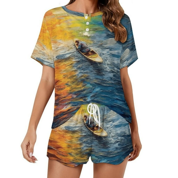 Colorful Kayaks Glide Across The Lake 2 Pack Women’s Pajama Set Print Sleepwear And Shorts Y2k Loungewear Sets S-5XL