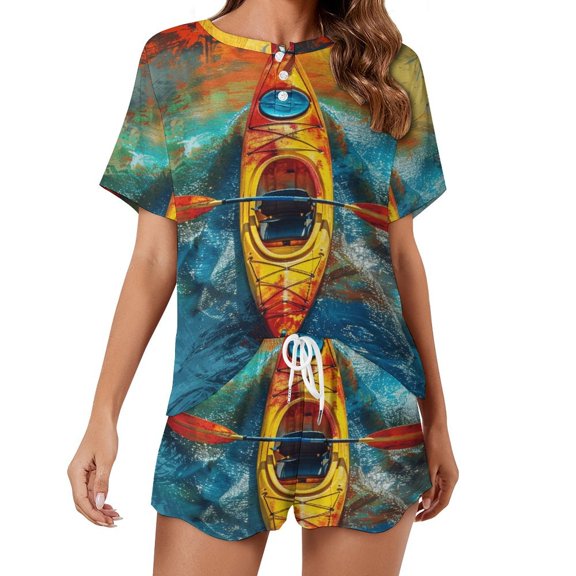 Colorful Kayaks Glide Across The Lake 2 Pack Women’s Pajama Set Print Sleepwear And Shorts Y2k Loungewear Sets S-5XL