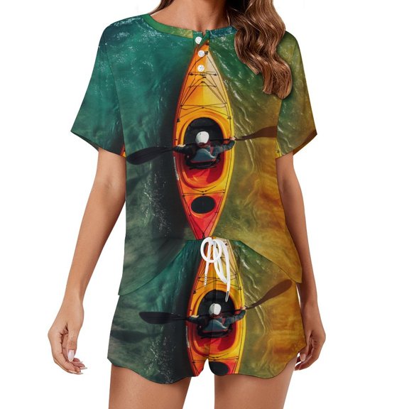 Colorful Kayaks Glide Across The Lake Pajama Set for Women 2 Piece Sleepwear Loungewear Short Sleeve
