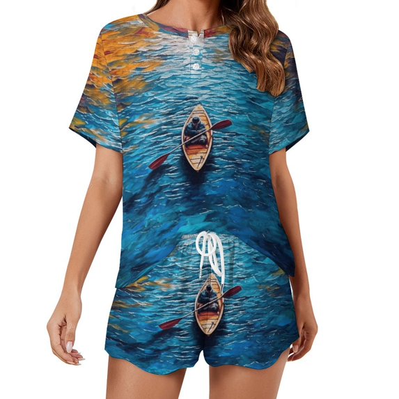 Colorful Kayaks Glide Across The Lake Pajama Set for Women 2 Piece Sleepwear Loungewear Short Sleeve