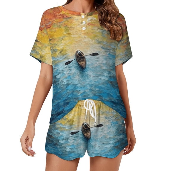 Colorful Kayaks Glide Across The Lake Pajamas Set Womens Loungewear Sleepwear 2 Piece PJ Sets