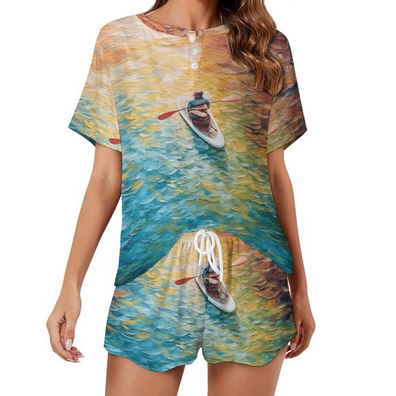 Colorful Kayaks Glide Across The Lake Print Women'S Pajamas Set Summer Sleepwear Sets 2 Piece Lounge Set