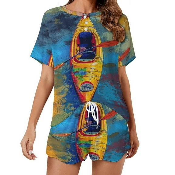 Colorful Kayaks Glide Across The Lake Print Women'S Pajamas Set Summer Sleepwear Sets 2 Piece Lounge Set