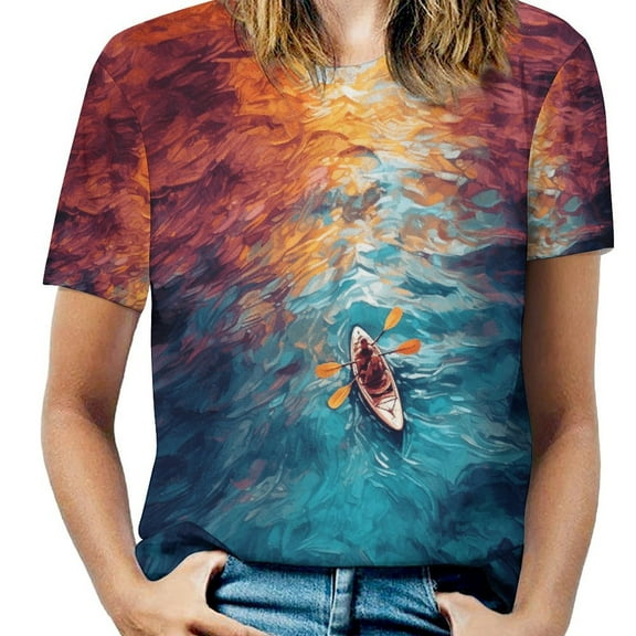 Colorful Kayaks Glide Across The Lake T Shirts Basic T-Shirt Short Sleeve Ladies Tee Shirt Summer Graphic Clothing