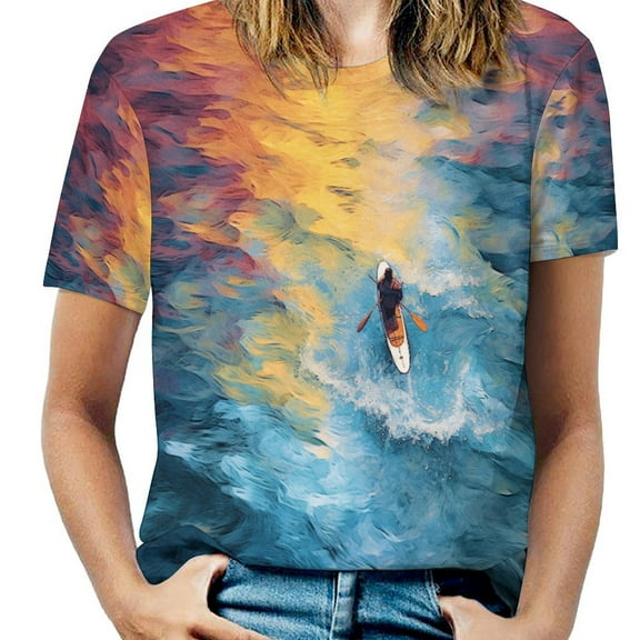 Colorful Kayaks Glide Across The Lake T Shirts Basic T-Shirt Short Sleeve Ladies Tee Shirt Summer Graphic Clothing