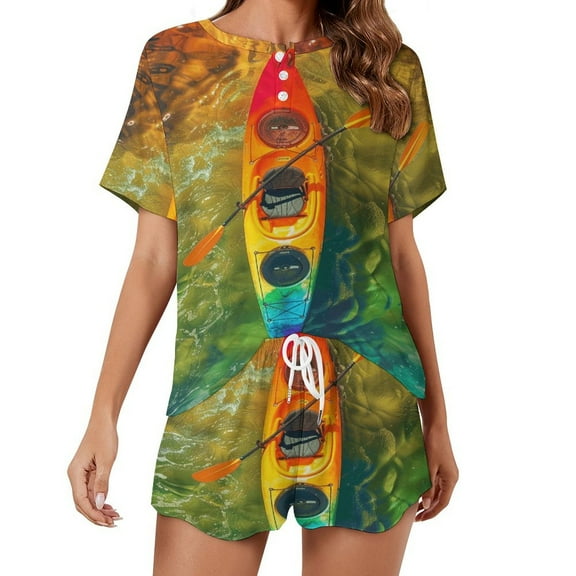 Colorful Kayaks Glide Across The Lake Women's Ruffle Short Sleeve Tops And Shorts Cute Peeps Bunny Pajamas Sets