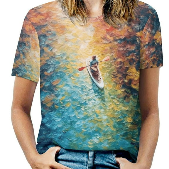 Colorful Kayaks Glide Across The Lake Women's Short Sleeve Tops Casual Blouses T Shirt