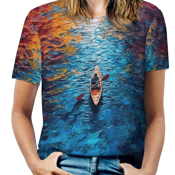 Colorful Kayaks Glide Across The Lake Women's T-Shirt Short Sleeve T Shirts Tops Tee Ladies Loose T