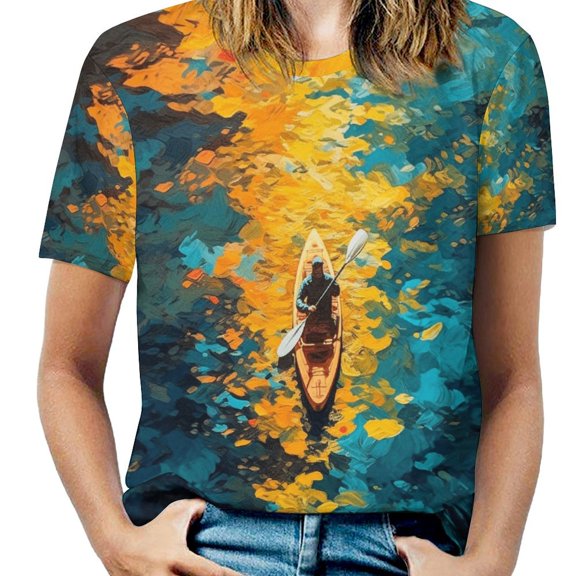 Colorful Kayaks Glide Across The Lake Womens Tops Women's Fashion Casual Short Sleeve Flower Print Round Neck Pullover Top Blouse